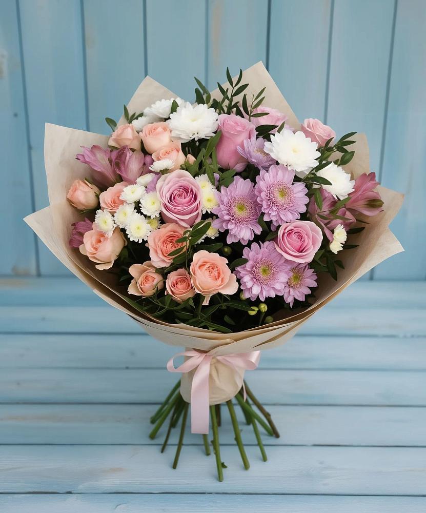 Букет цветов из: Хризантемы, Розы и Альстромерии в Юдино