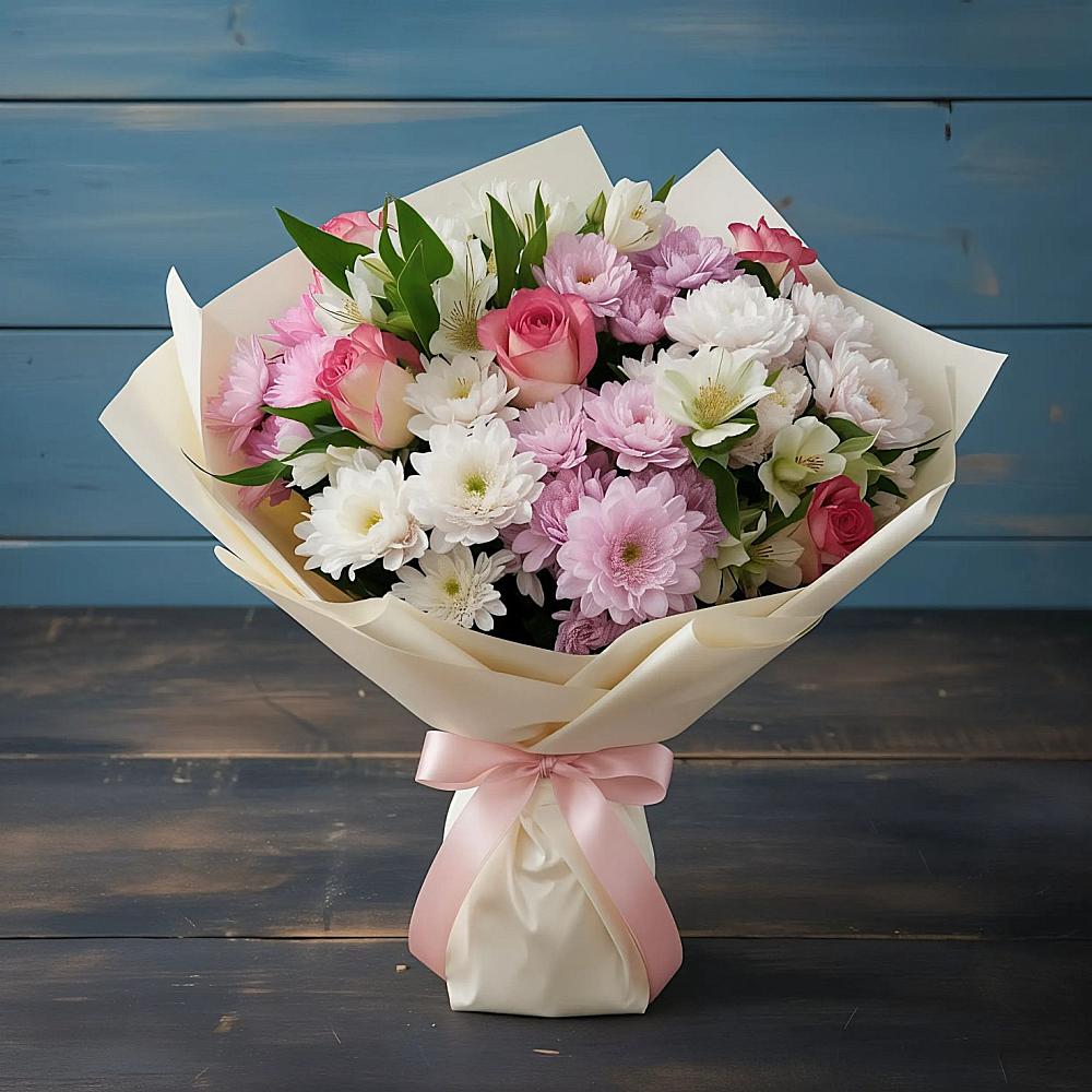 Букет цветов из: Хризантемы, Альстромерии и Розы в Юдино